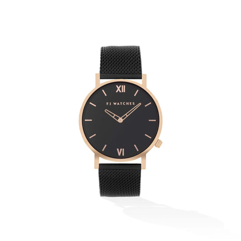 Discover Golden moon, a 36mm or 42mm men's watch from Five Jwlry with a black and rose gold dial. This one comes with a black mesh bracelet!