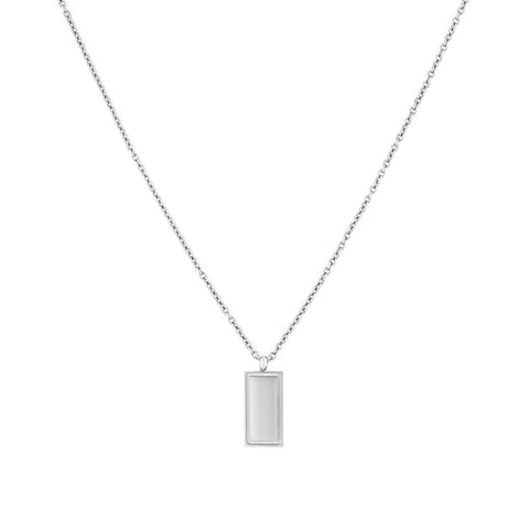 Douro men's necklace by Five Jwlry, featuring a thin 2.5mm cable chain with a minimalist rectangle pendant. One side is engraved with the Five logo, while the other showcases a hollow square line. Available in 14k gold, silver, or black, crafted from water-resistant 316L stainless steel. Hypoallergenic with a 2-year warranty.