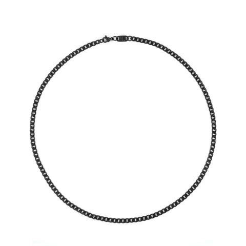 Mirik men's necklace by Five Jwlry, designed with a 4mm flat wide woven Cuban link chain in black color, made from water-resistant 316L stainless steel. Offered in sizes 45cm, 50cm, and 55cm. Hypoallergenic and backed by a 2-year warranty.