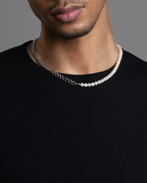 Volga men's necklace by Five Jwlry, uniquely crafted with a combination of half silver Cuban chain and half white pearls, measuring 50cm in length. Made from water-resistant 316L stainless steel. Hypoallergenic with a 2-year warranty.