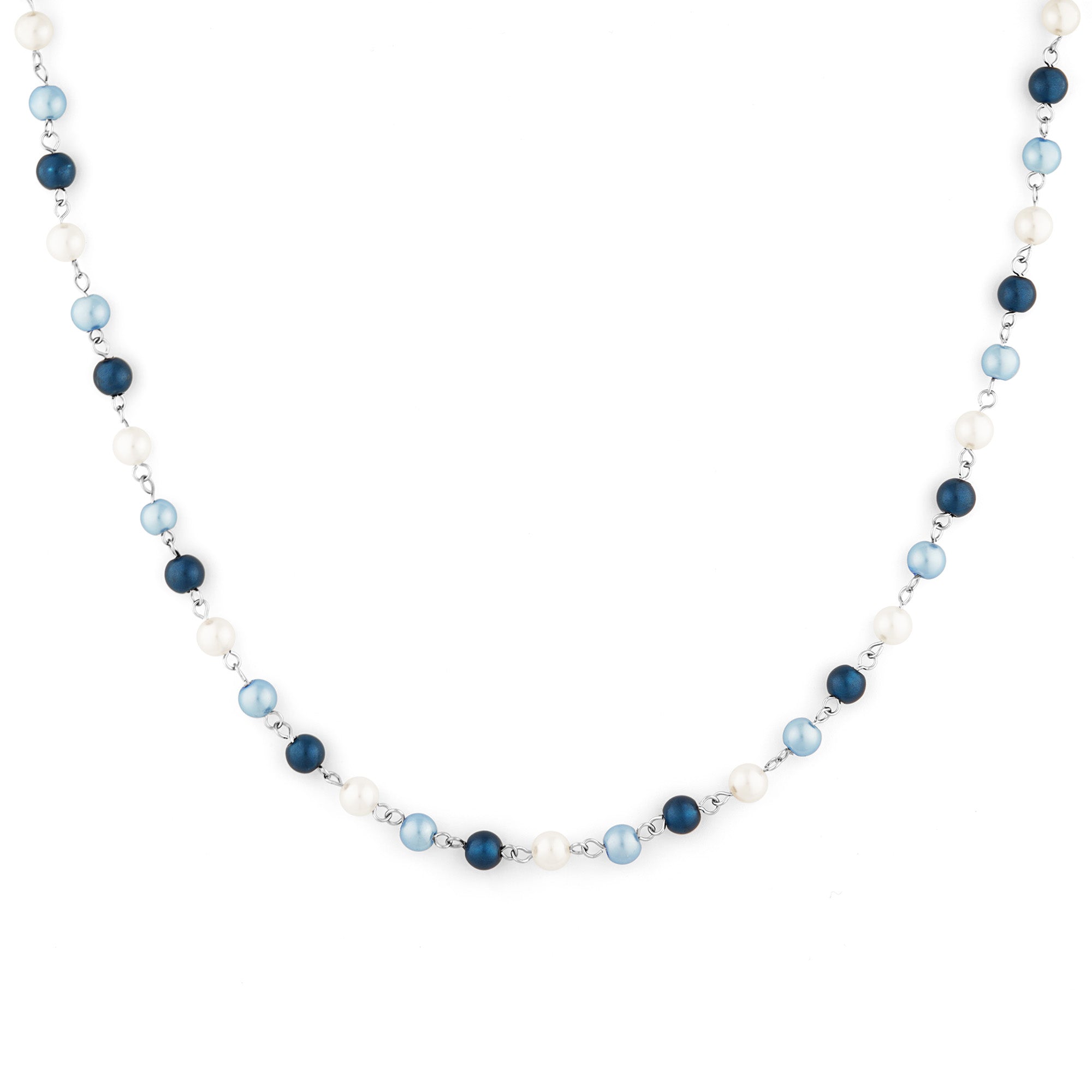 Five jewelry pearls necklace made with 2 shades of blue glass beads and white pearls, crafted with natural shell. 45cm + 5cm extension, rollo chain for adjustment. Fashion accessory, statement jewelry. Designed in Montreal, Canada.