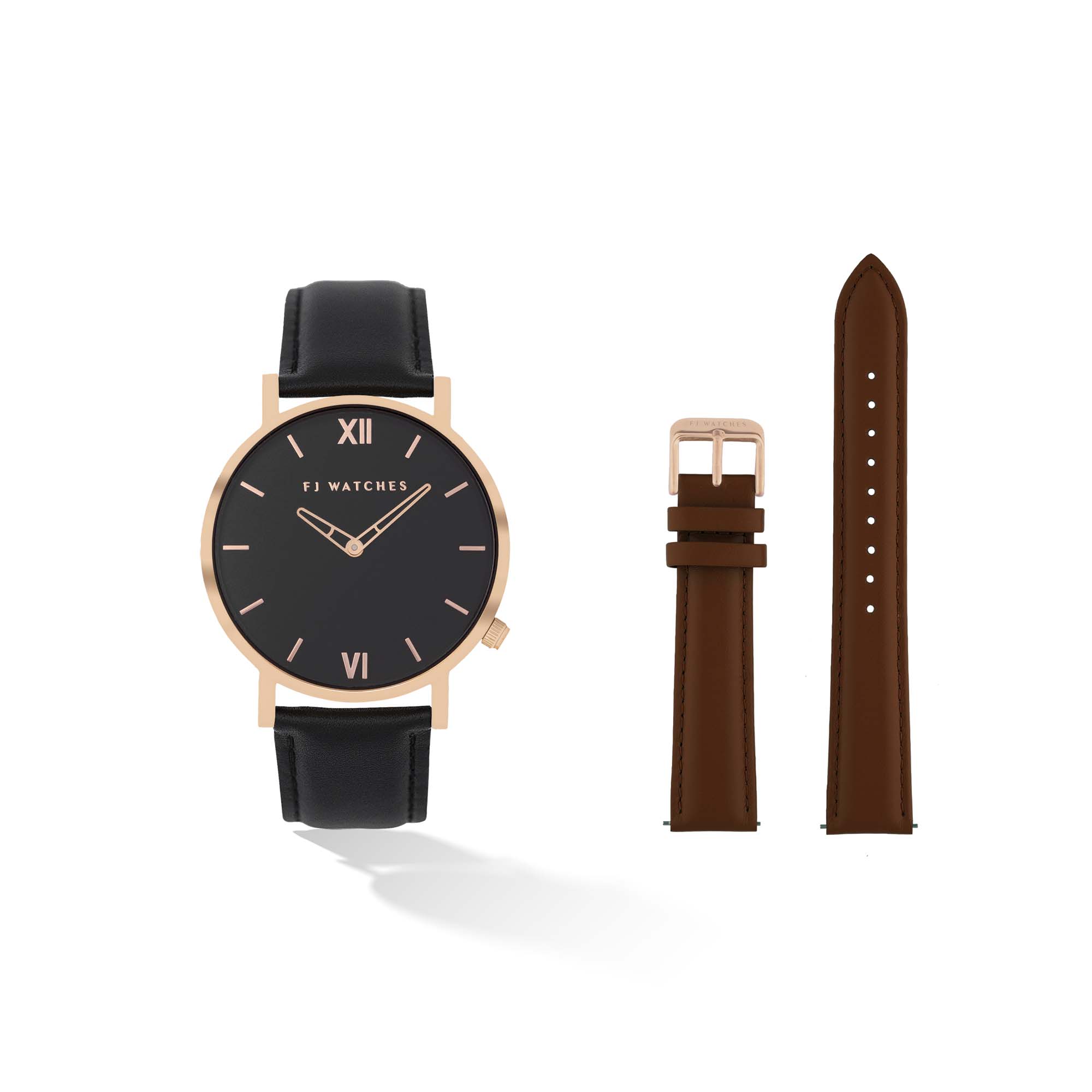 Discover the Golden Moon set, a 36mm men and women watch from Five Jwlry. Equipped with a minimalist black and rose gold dial. In this special edition, this watch comes with two leathers, one black leather and one brown. The perfect gift!