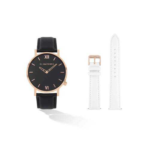 Discover the Golden Moon set, a 36mm men and women watch from Five Jwlry. Equipped with a minimalist black and rose gold dial. In this special edition, this watch comes with two leathers, one black leather and one white. The perfect gift!
