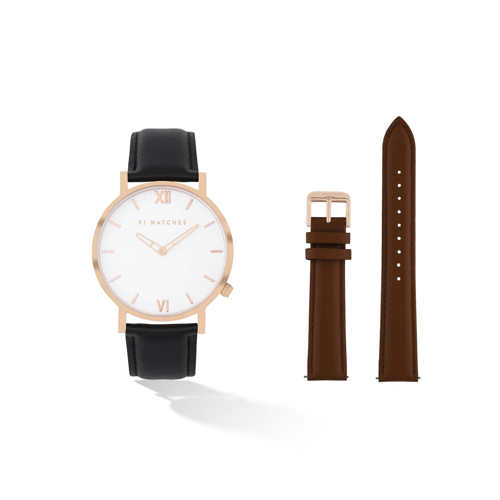 Discover the Golden Sun set, a 36mm men and women watch from Five Jwlry. Equipped with a minimalist white and rose gold dial. In this special edition, this watch comes with two leathers, one black leather and one brown. The perfect gift!