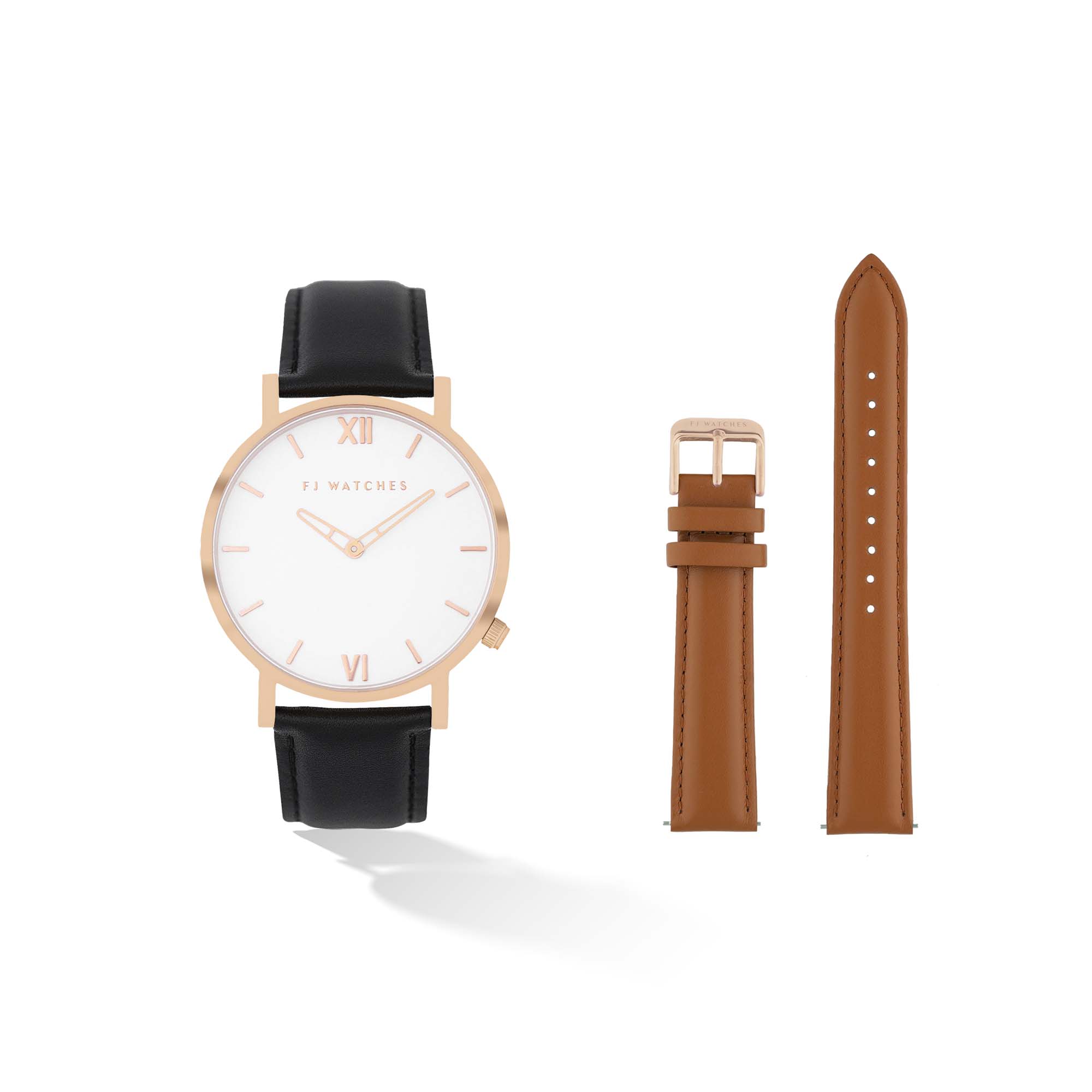 Discover the Golden Sun set, a 36mm men and women watch from Five Jwlry. Equipped with a minimalist white and rose gold dial. In this special edition, this watch comes with two leathers, one black leather and one tan. The perfect gift!