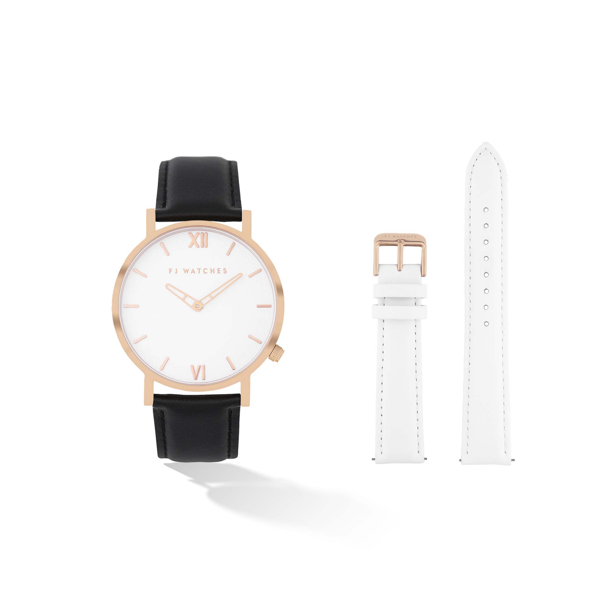 Discover the Golden Sun set, a 36mm men and women watch from Five Jwlry. Equipped with a minimalist white and rose gold dial. In this special edition, this watch comes with two leathers, one black leather and one white. The perfect gift!