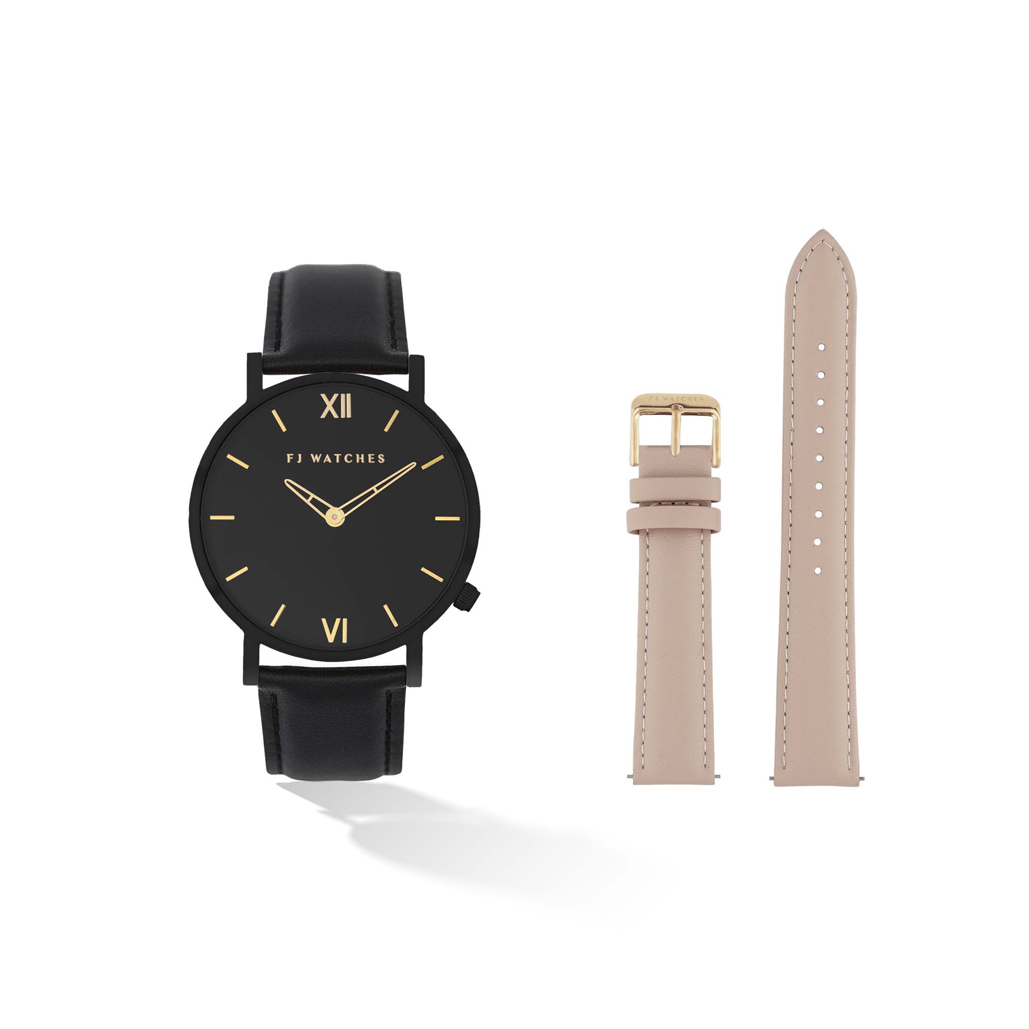 Discover the Oro moon set, a 36mm women's watch signed Five Jwlry with an all-black dial and gold hands. This one comes with a genuine black leather strap and a beige leather strap! The perfect gift!