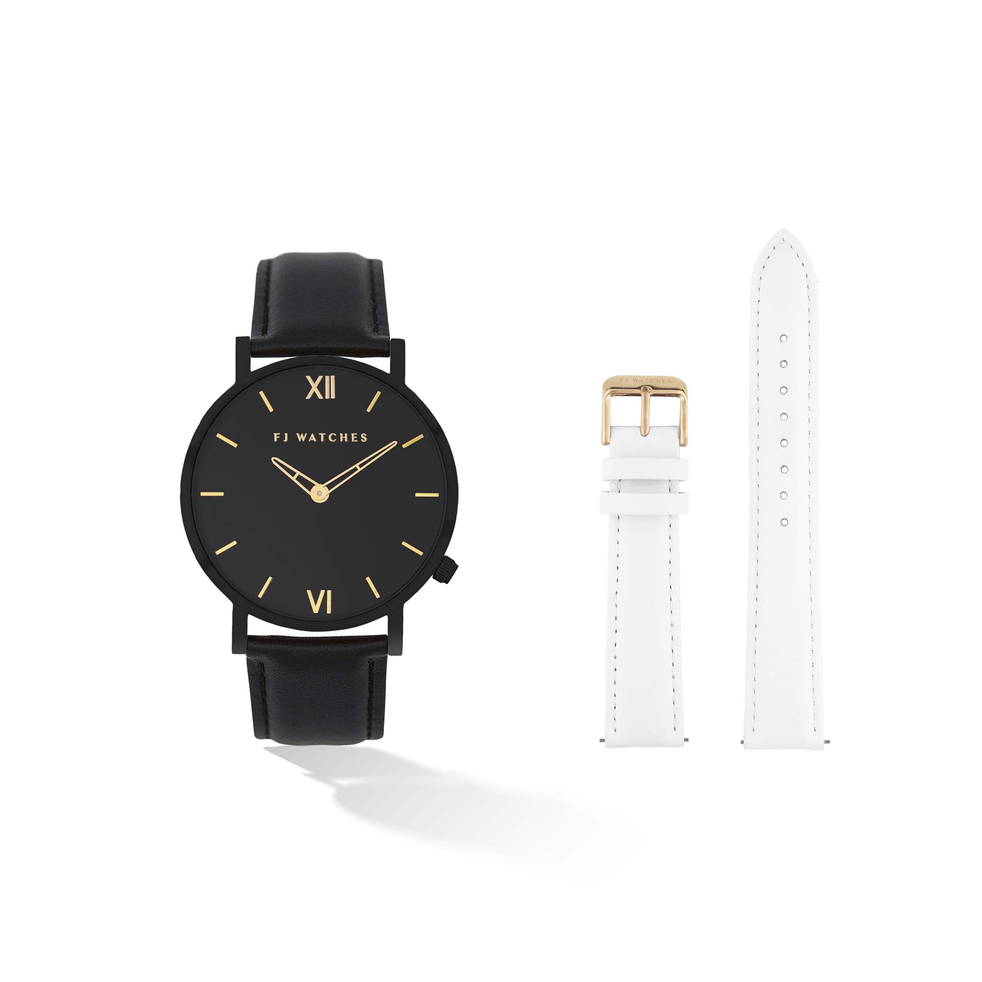 Discover the Oro moon set, a 36mm women's watch signed Five Jwlry with an all-black dial and gold hands. This one comes with a genuine black leather strap and a white leather strap! The perfect gift!