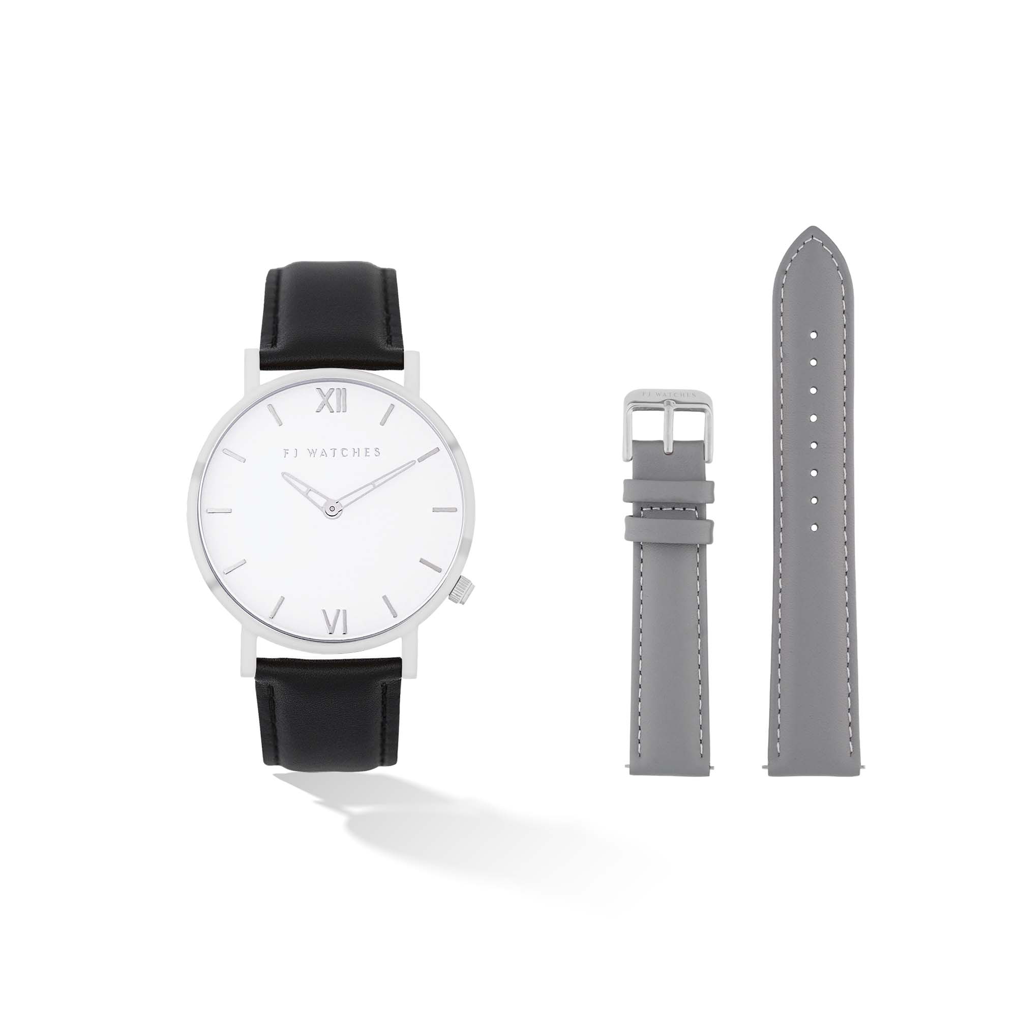 Discover the Silver sun set, a 42mm men's watch from Five Jwlry. Equipped with a minimalist white and silver dial. In this special edition, this watch comes with two leathers, one black leather and one gray. The perfect gift!