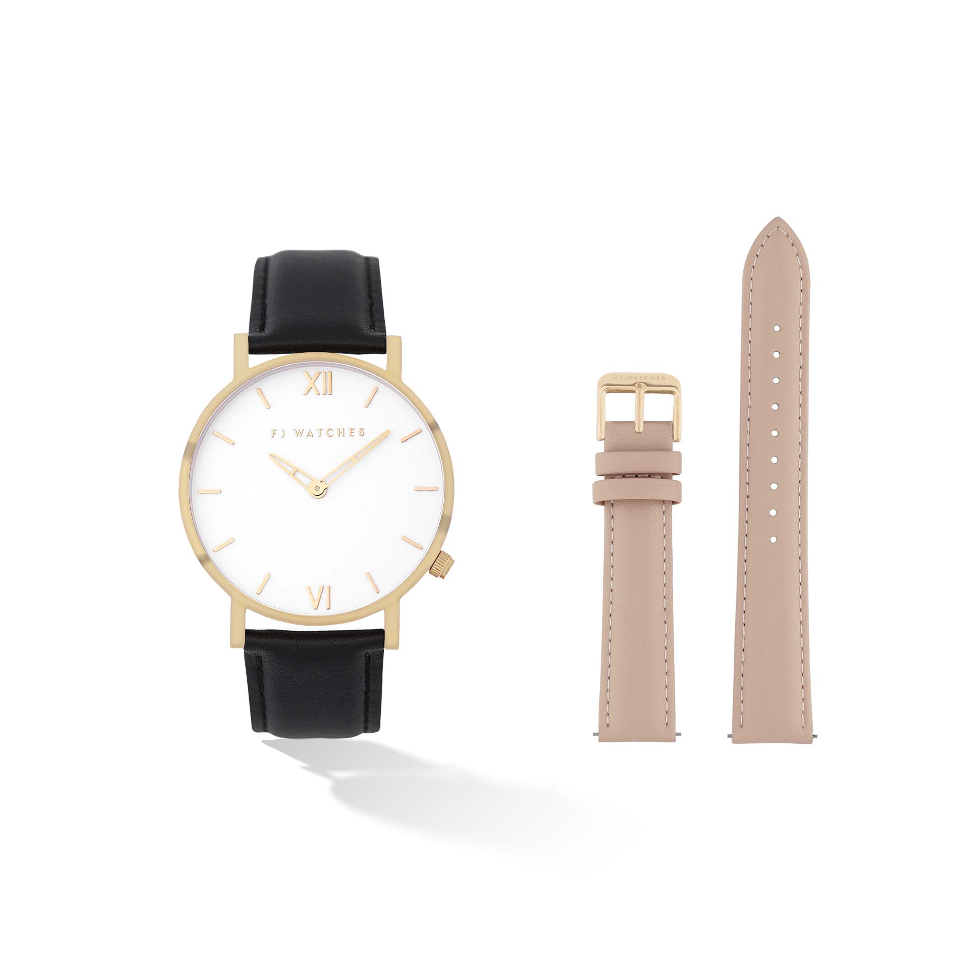 Discover the Sunlight set, a 36mm men and women watch from Five Jwlry. Equipped with a minimalist white and gold dial. In this special edition, this watch comes with two leathers, one black leather and one beige. The perfect gift!