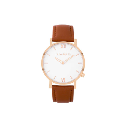 Discover Golden Sun, a 36 mm women's watch from Five Jwlry with a white and rose gold dial. This one can be paired with a wide variety of leather colors, such as black, white, pink, red, blue, gray, tan, brown and beige