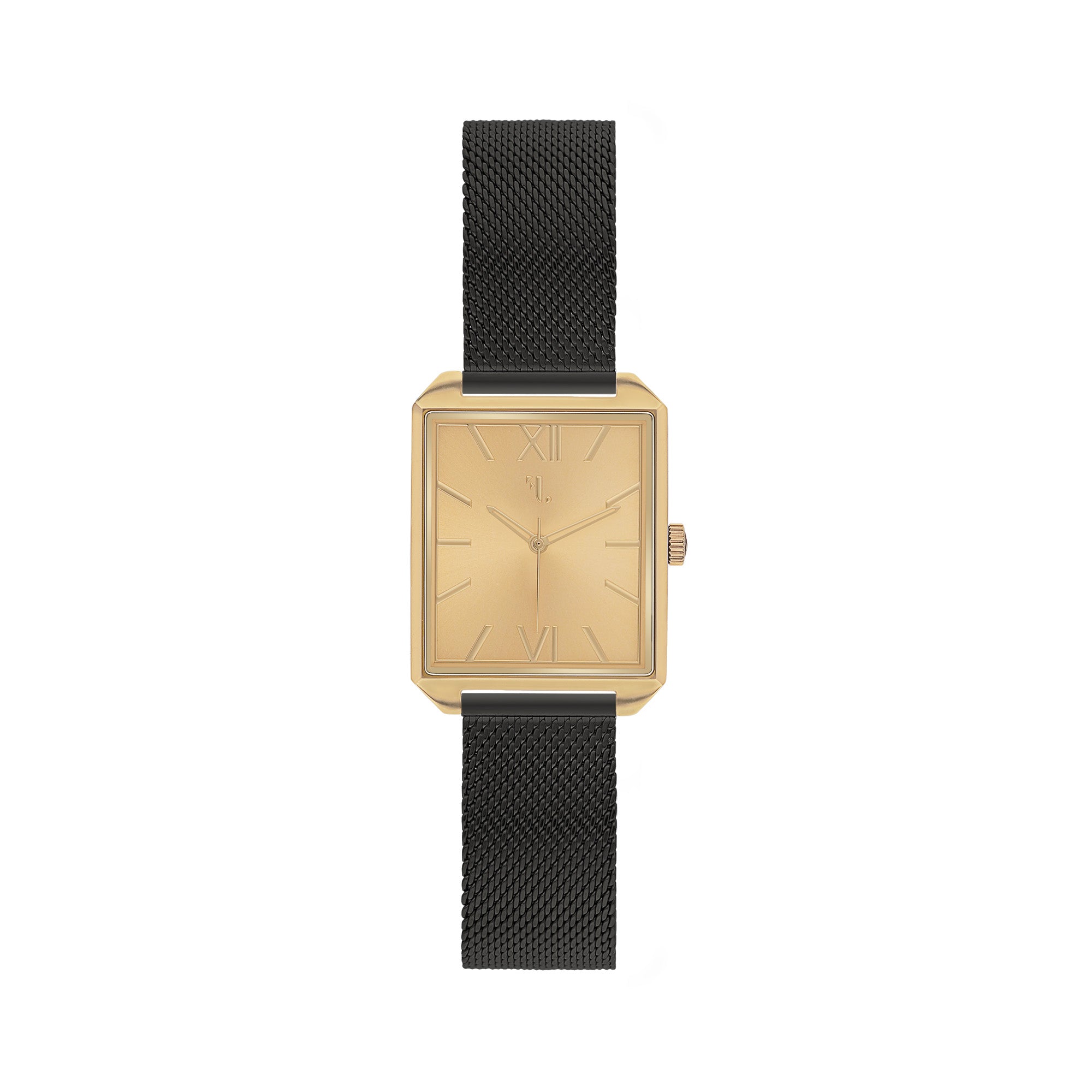 Men's monochrome gold watch with a modern square design and a sleek minimalist dial. This watch is designed in Montreal by Five Jwlry, it is equipped with a quartz mechanism, a black mesh band and it has a water resistance of 5ATM!