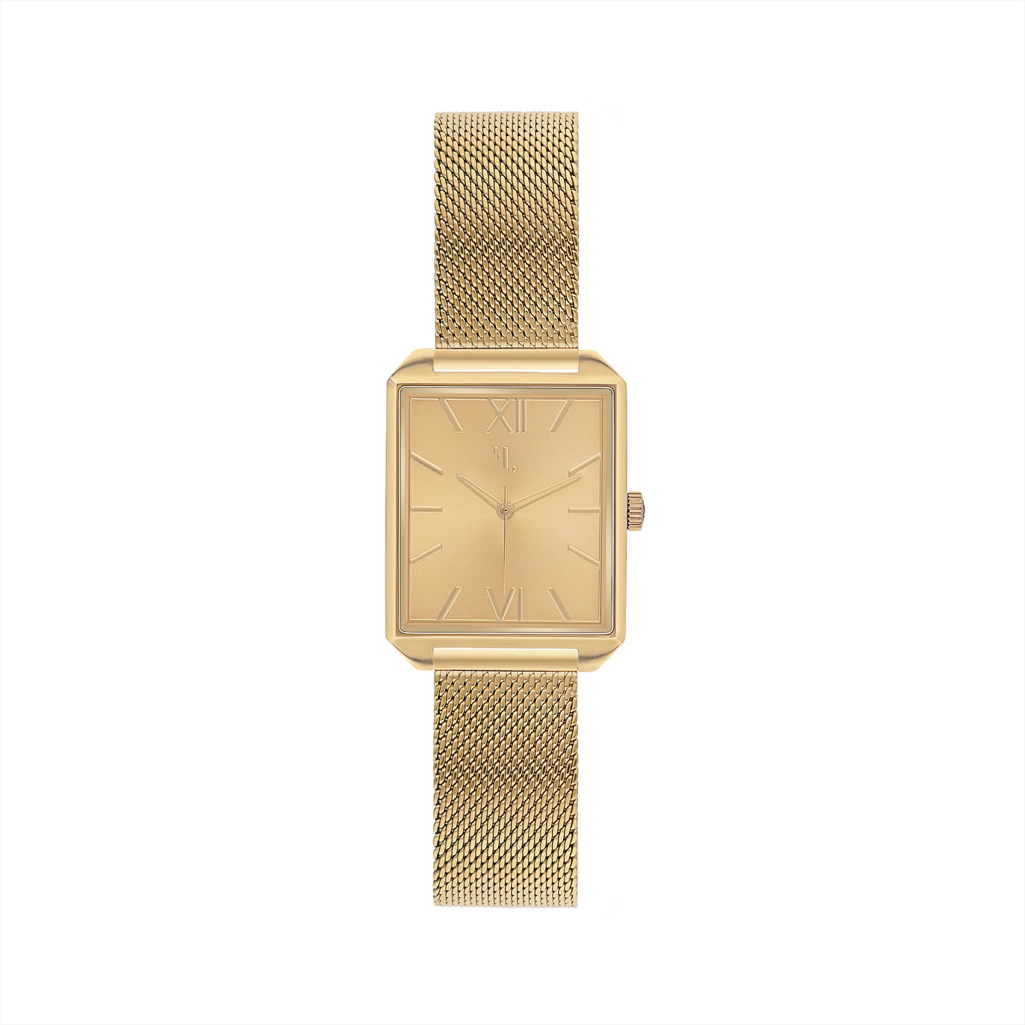 Men's monochrome gold watch with a modern square design and a sleek minimalist dial. This watch is designed in Montreal by Five Jwlry, it is equipped with a quartz mechanism, a 14k gold mesh band and it has a water resistance of 5ATM!