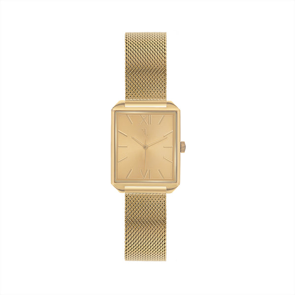 Men's monochrome gold watch with a modern square design and a sleek minimalist dial. This watch is designed in Montreal by Five Jwlry, it is equipped with a quartz mechanism, a 14k gold mesh band and it has a water resistance of 5ATM!
