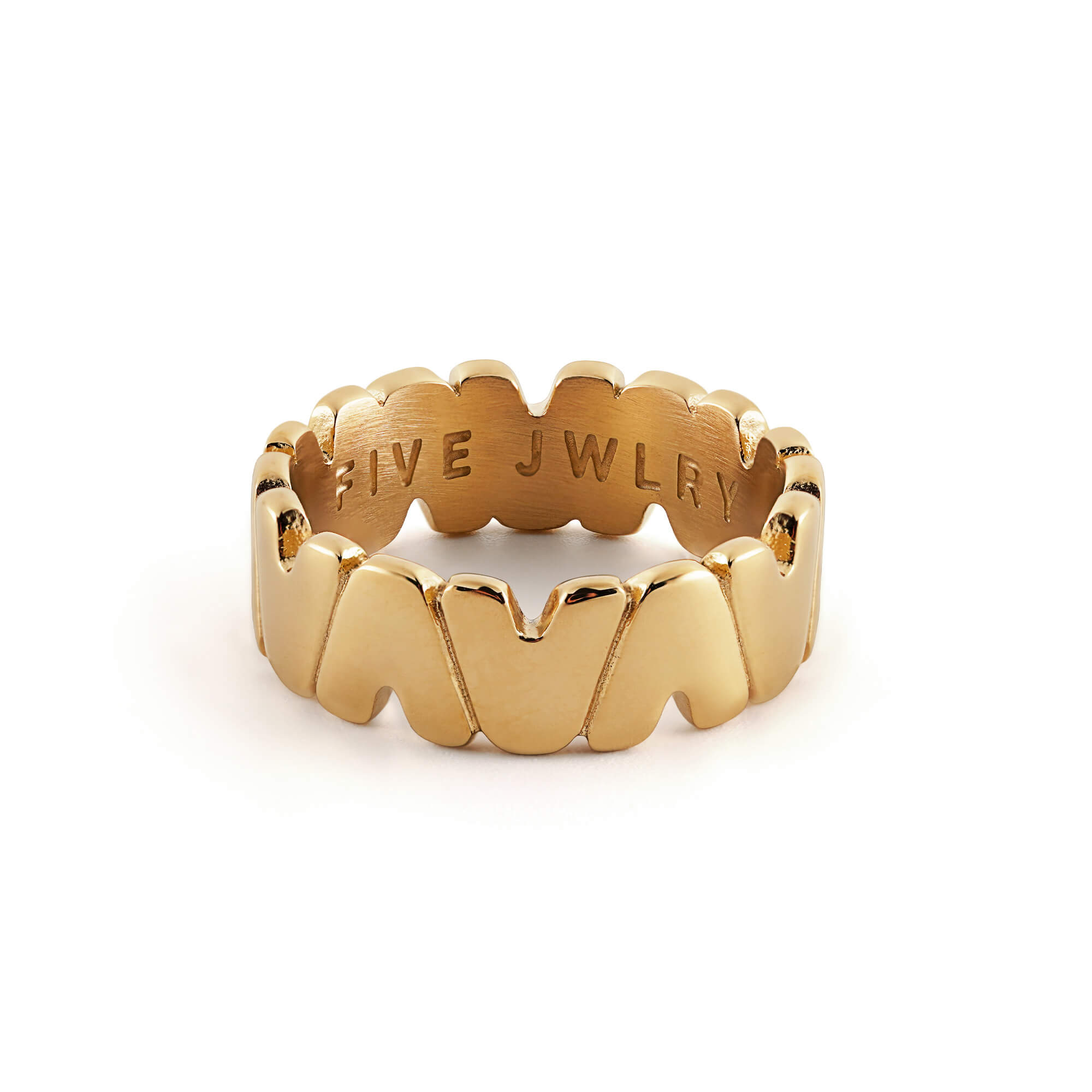 SAINQ men's ring by Five Jwlry, designed in 14k gold and uniquely shaped using the Roman numeral 'V' for five. Made from water-resistant 316L stainless steel. Hypoallergenic with a 2-year warranty.