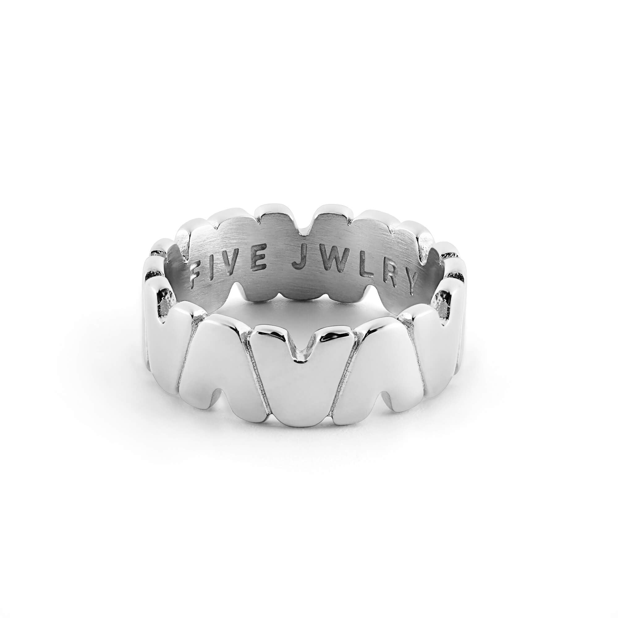 SAINQ women's ring by Five Jwlry, designed in silver and uniquely shaped using the Roman numeral 'V' for five. Made from water-resistant 316L stainless steel. Hypoallergenic with a 2-year warranty.