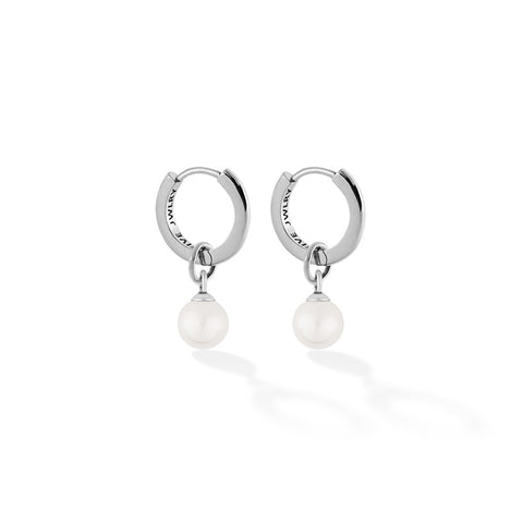 SOCA men's earring by Five Jwlry. A small, sleek 13mm hoop earring featuring a charm made from a small white pearl. Available in 14k gold or silver, crafted from water-resistant 316L stainless steel. Hypoallergenic with a 2-year warranty.