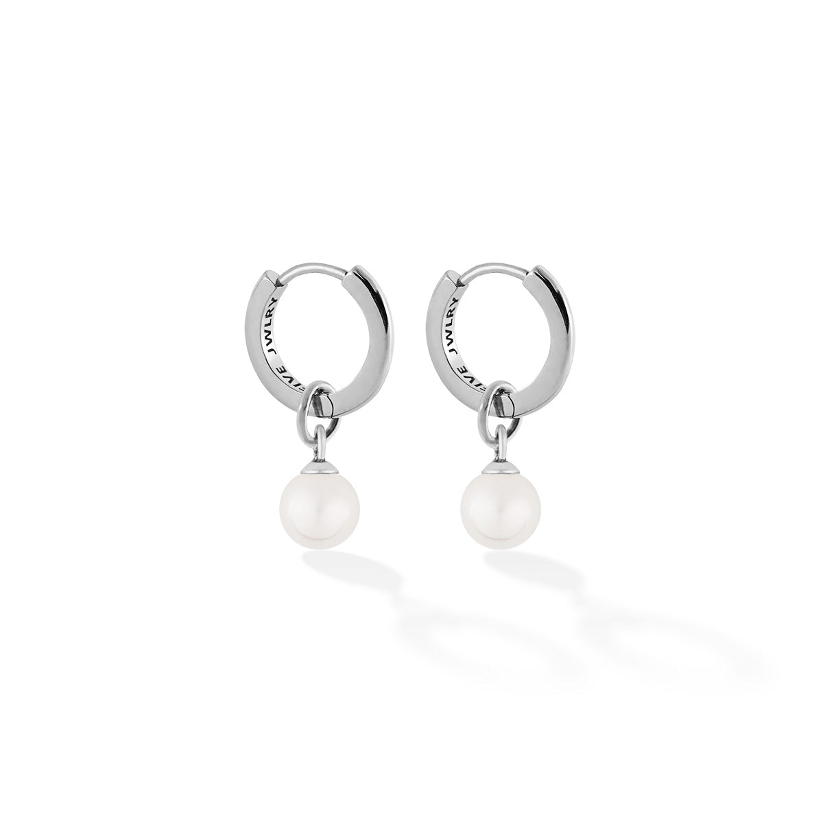SOCA women's earring by Five Jwlry. A small, sleek 13mm hoop earring featuring a charm made from a small white pearl. Available in 14k gold or silver, crafted from water-resistant 316L stainless steel. Hypoallergenic with a 2-year warranty.