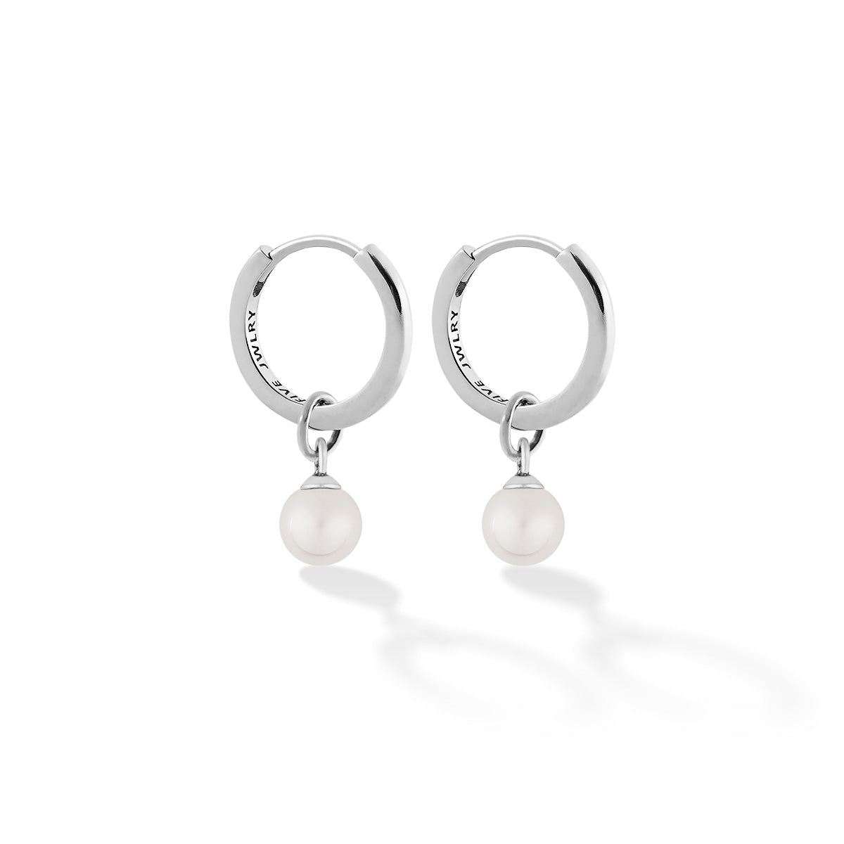 SOCA women's earring by Five Jwlry. A sleek 16mm hoop earring featuring a charm made from a small white pearl. Available in 14k gold or silver, crafted from water-resistant 316L stainless steel. Hypoallergenic with a 2-year warranty.