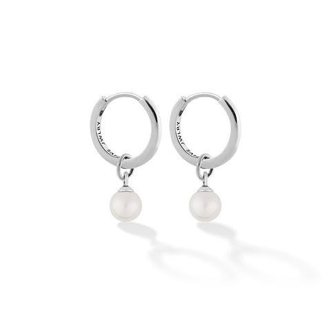 SOCA women's earring by Five Jwlry. A sleek 16mm hoop earring featuring a charm made from a small white pearl. Available in 14k gold or silver, crafted from water-resistant 316L stainless steel. Hypoallergenic with a 2-year warranty.