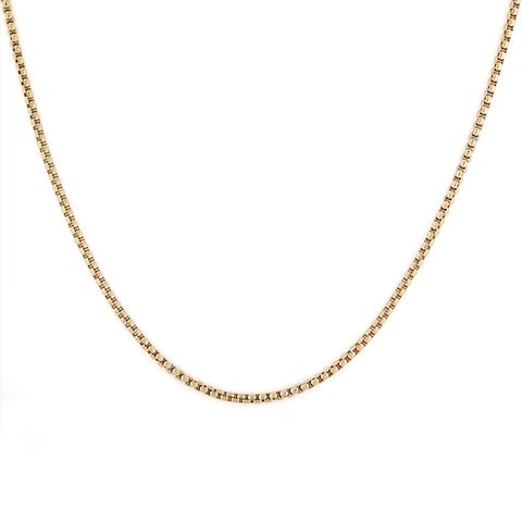 Introducing 'Tone' – a men's necklace by Five Jwlry, crafted in Montreal. It showcases a 2.5mm rounded box chain in a 14k gold, adorned with the brand's distinct lozenge-shaped logo tag.