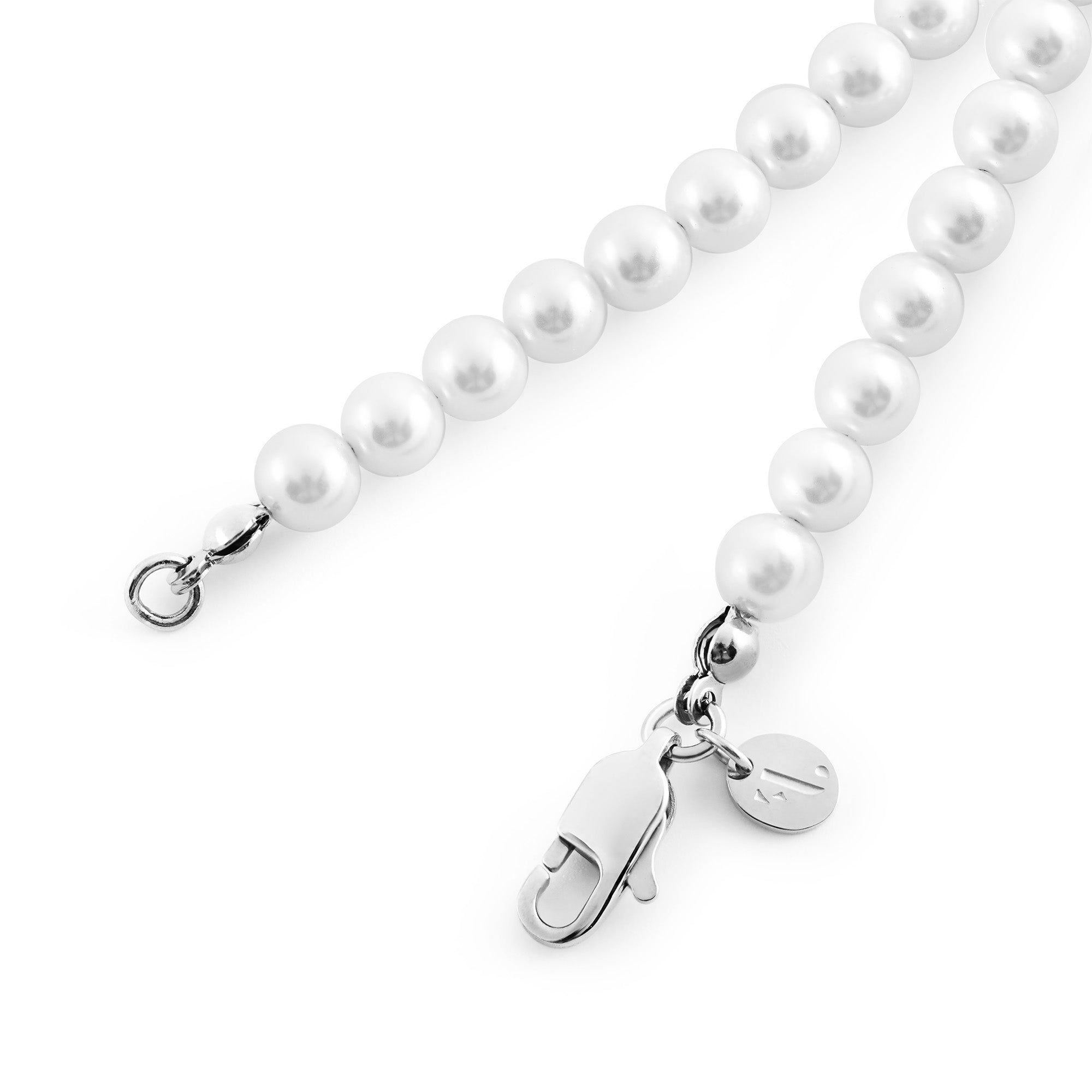 Var men's bracelet by Five Jwlry, designed with white glass pearls complemented by a silver stainless steel buckle. Available in sizes 20cm and 23cm. Crafted from water-resistant 316L stainless steel. Hypoallergenic with a 2-year warranty.