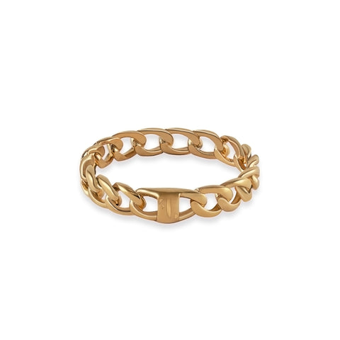 Baby Dusia women's ring by Five Jwlry in gold color, featuring a thin 4mm Cuban chain design with an engraved signature logo. Made from water-resistant 316L stainless steel. Hypoallergenic with a 2-year warranty.