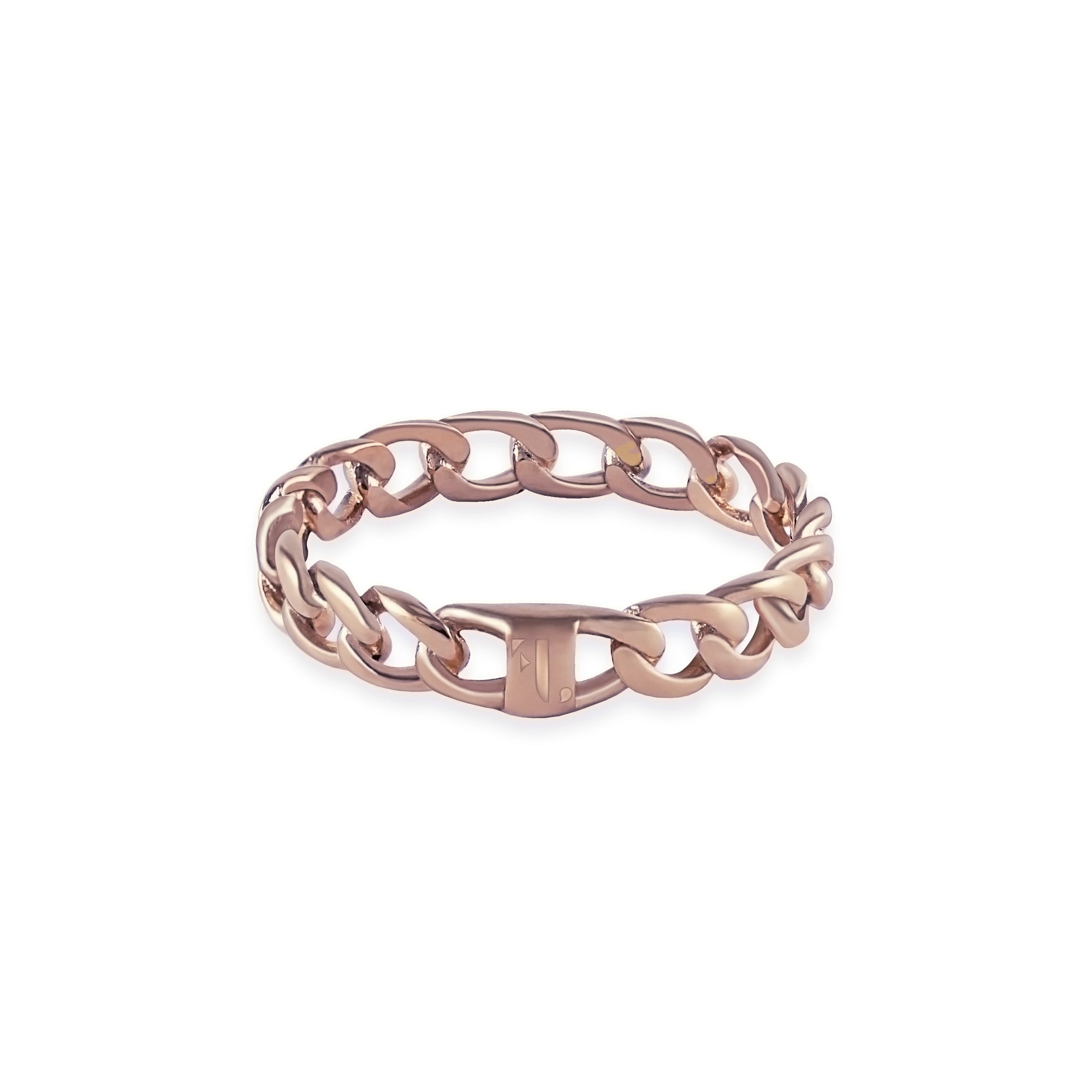 Baby Dusia women's ring by Five Jwlry in rose gold color, featuring a thin 4mm Cuban chain design with an engraved signature logo. Made from water-resistant 316L stainless steel. Hypoallergenic with a 2-year warranty.