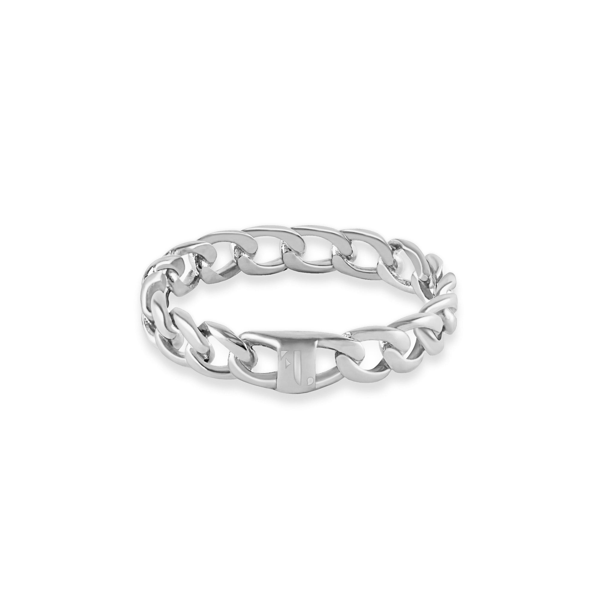 Baby Dusia women's ring by Five Jwlry in silver color, featuring a thin 4mm Cuban chain design with an engraved signature logo. Made from water-resistant 316L stainless steel. Hypoallergenic with a 2-year warranty.