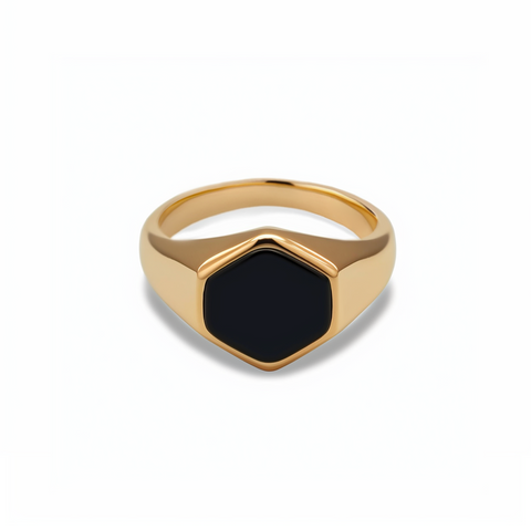 Bedok women's ring by Five Jwlry, featuring a signet style with a black flat hexagon top. Available in 14k gold or silver, crafted from water-resistant 316L stainless steel. Hypoallergenic with a 2-year warranty.