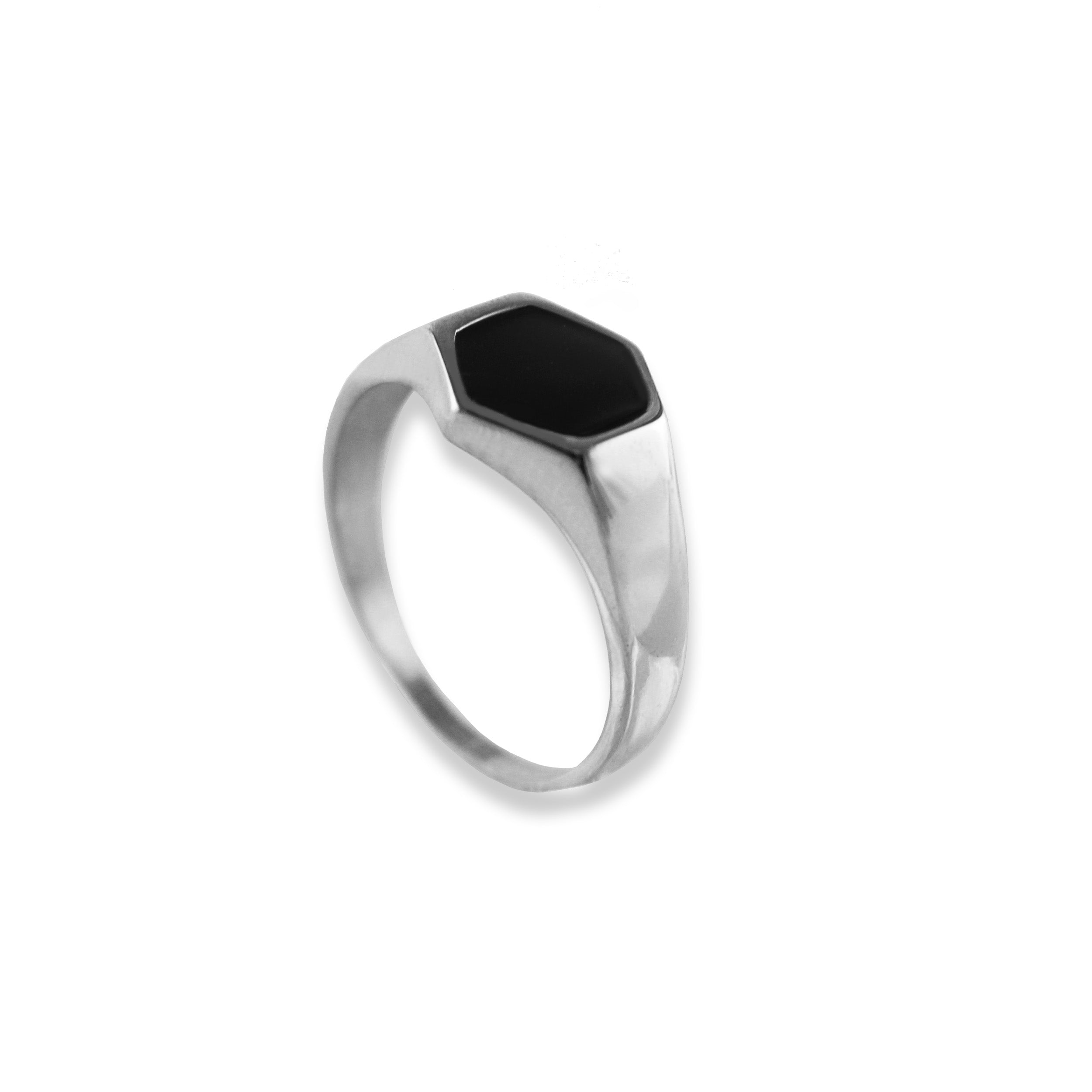 Bedok women's ring by Five Jwlry, featuring a signet style with a black flat hexagon top. Available in 14k gold or silver, crafted from water-resistant 316L stainless steel. Hypoallergenic with a 2-year warranty.