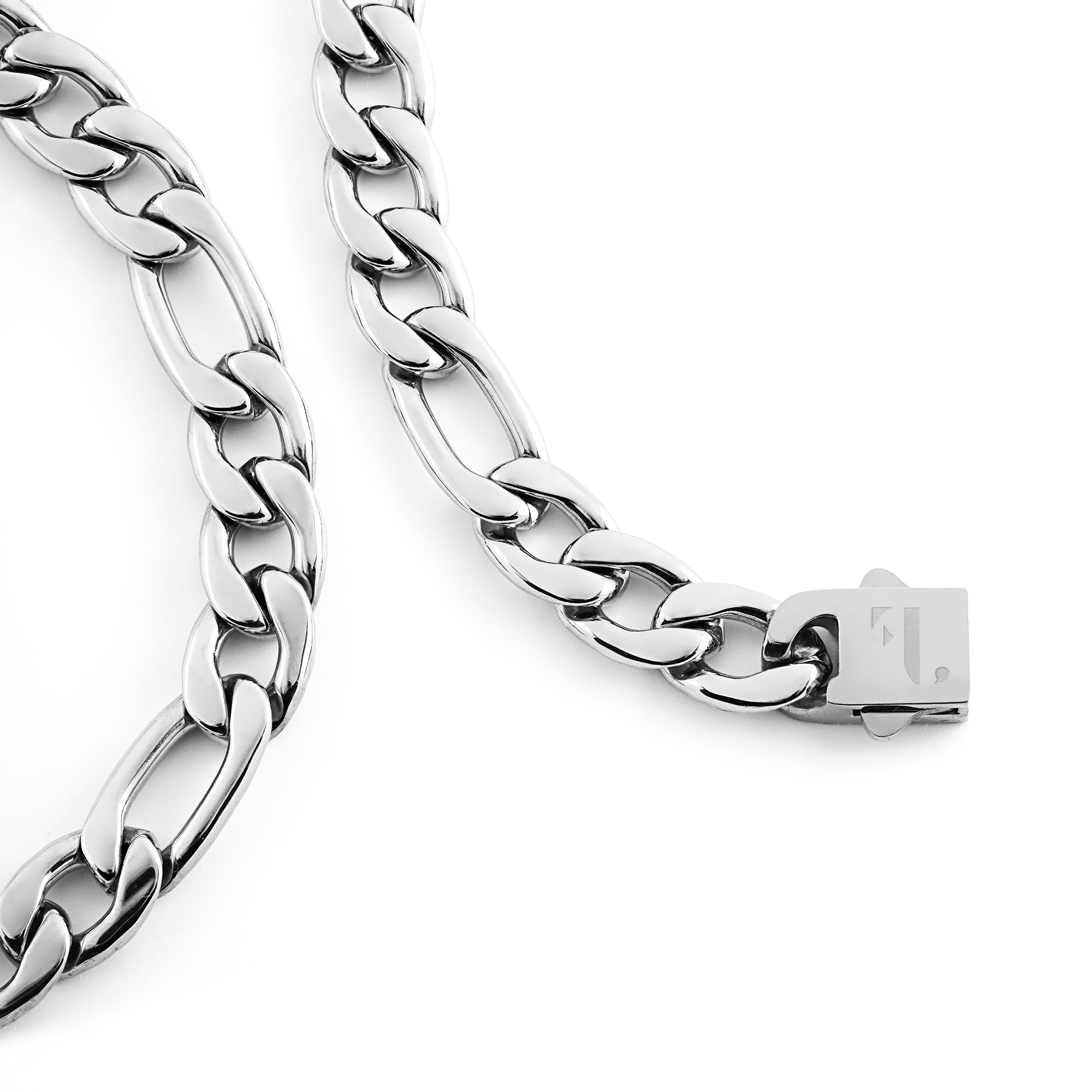Berg women's necklace by Five Jwlry, featuring a bold 9mm smooth figaro chain in silver, made from water-resistant 316L stainless steel. Offered in sizes 45cm and 50cm. Hypoallergenic with a 2-year warranty.
