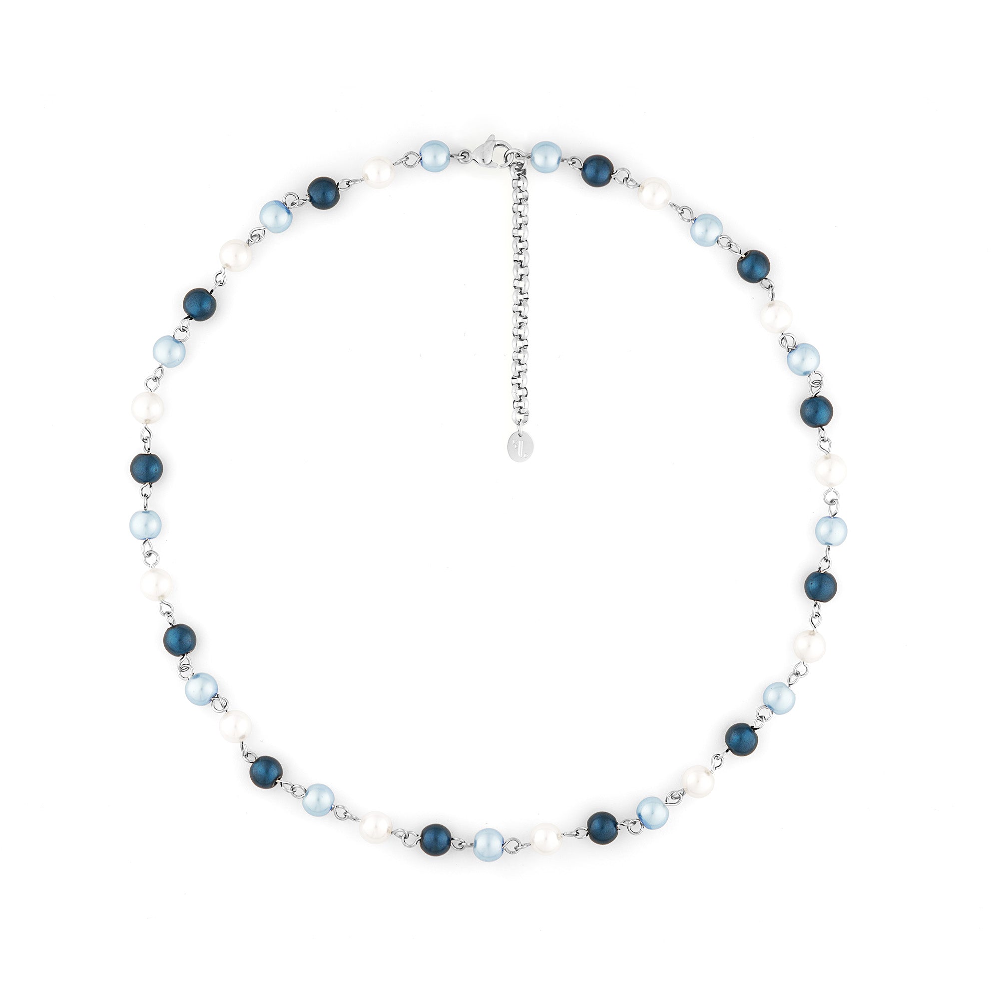 Five jewelry pearls necklace made with 2 shades of blue glass beads and white pearls, crafted with natural shell. 45cm + 5cm extension, rollo chain for adjustment. Fashion accessory, statement jewelry. Designed in Montreal, Canada.
