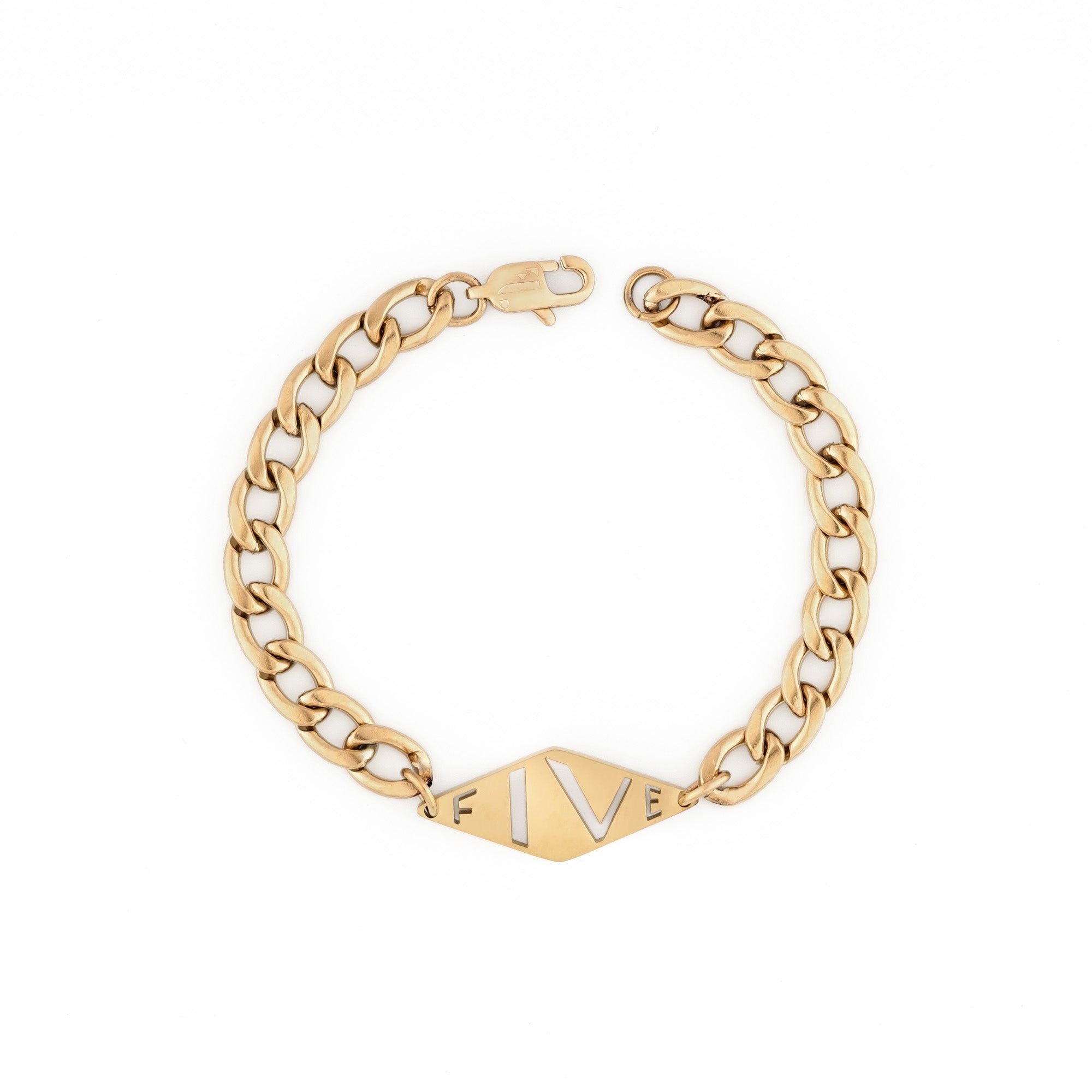 Dal bracelet by Five Jwlry for men, uniquely designed in Montreal, showcasing a wide woven Cuban link chain in 14k gold color, adorned with the brand's signature lozenge logo tag