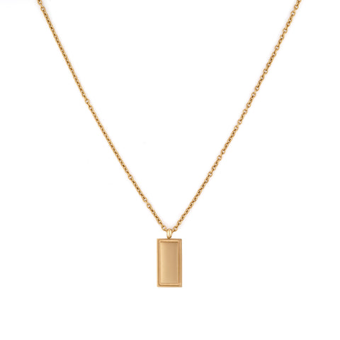 Douro men's necklace by Five Jwlry, featuring a thin 2.5mm cable chain with a minimalist rectangle pendant. One side is engraved with the Five logo, while the other showcases a hollow square line. Available in 14k gold, silver, or black, crafted from water-resistant 316L stainless steel. Hypoallergenic with a 2-year warranty.