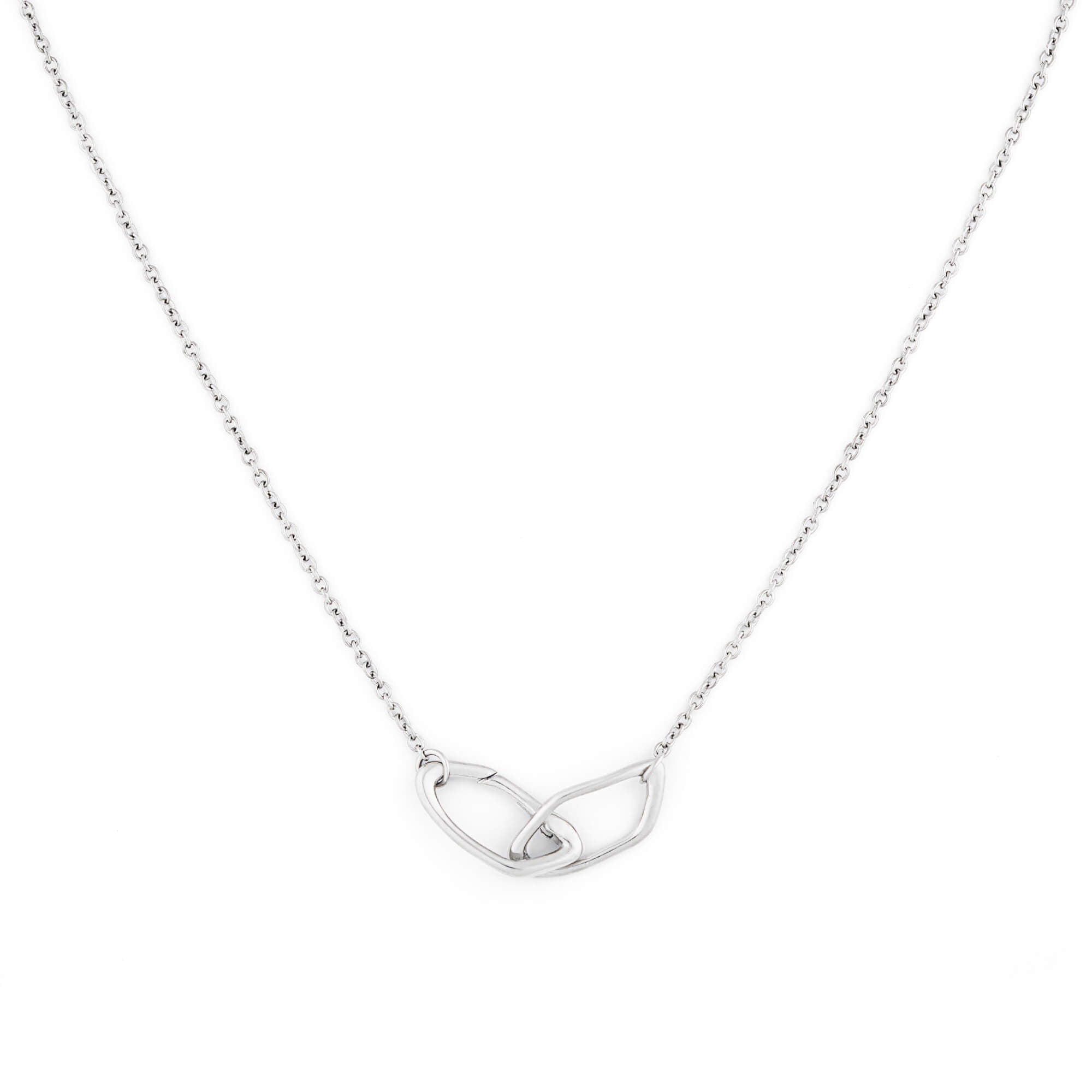Dusk women's necklace by Five Jwlry, part of Alicia Moffet's collaboration. The necklace showcases a pendant with two organically crisscrossed hoops, cleverly incorporating the clasp. Paired with a fine 2mm cable chain, available in 14k gold or silver, crafted from water-resistant 316L stainless steel. Hypoallergenic with a 2-year warranty.