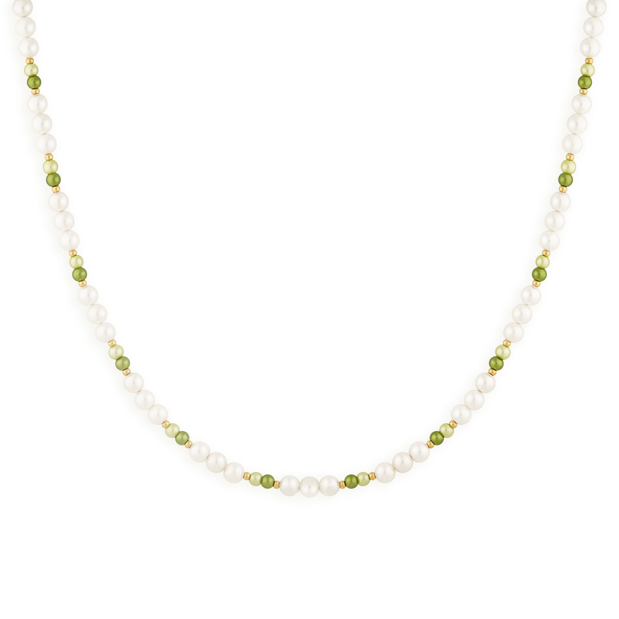 Five jewelry pearls necklace made with 2 shades of green glass beads and white pearls, crafted with natural shell. 45cm + 5cm extension, 14k gold rollo chain for adjustment. Fashion accessory, statement jewelry. Designed in Montreal, Canada.