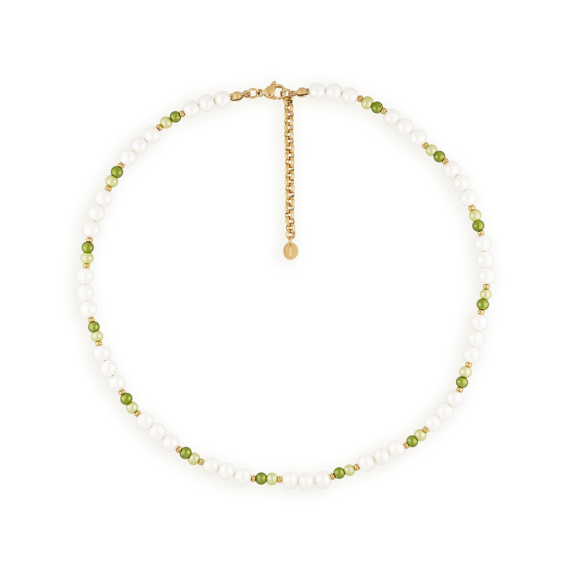 Five jewelry pearls necklace made with 2 shades of green glass beads and white pearls, crafted with natural shell. 45cm + 5cm extension, 14k gold rollo chain for adjustment. Fashion accessory, statement jewelry. Designed in Montreal, Canada.