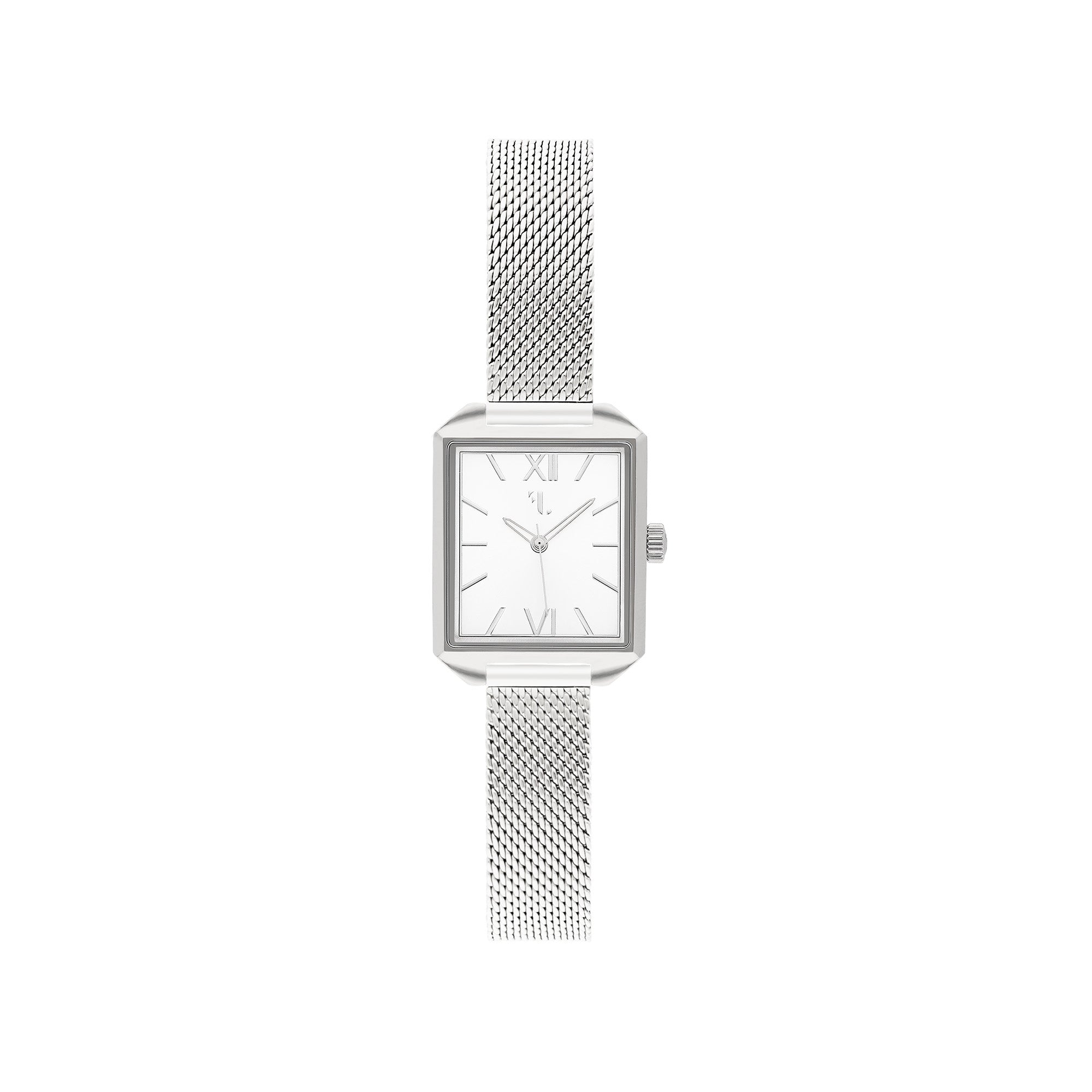 Ixelles watch by Five Jwlry, featuring a small square silver dial with matching silver case, handle, and mesh band. Designed in Montreal, it offers quartz movement, 5ATM water resistance, and a 2-year warranty. Comes with an interchangeable bracelet using the easy release function.
