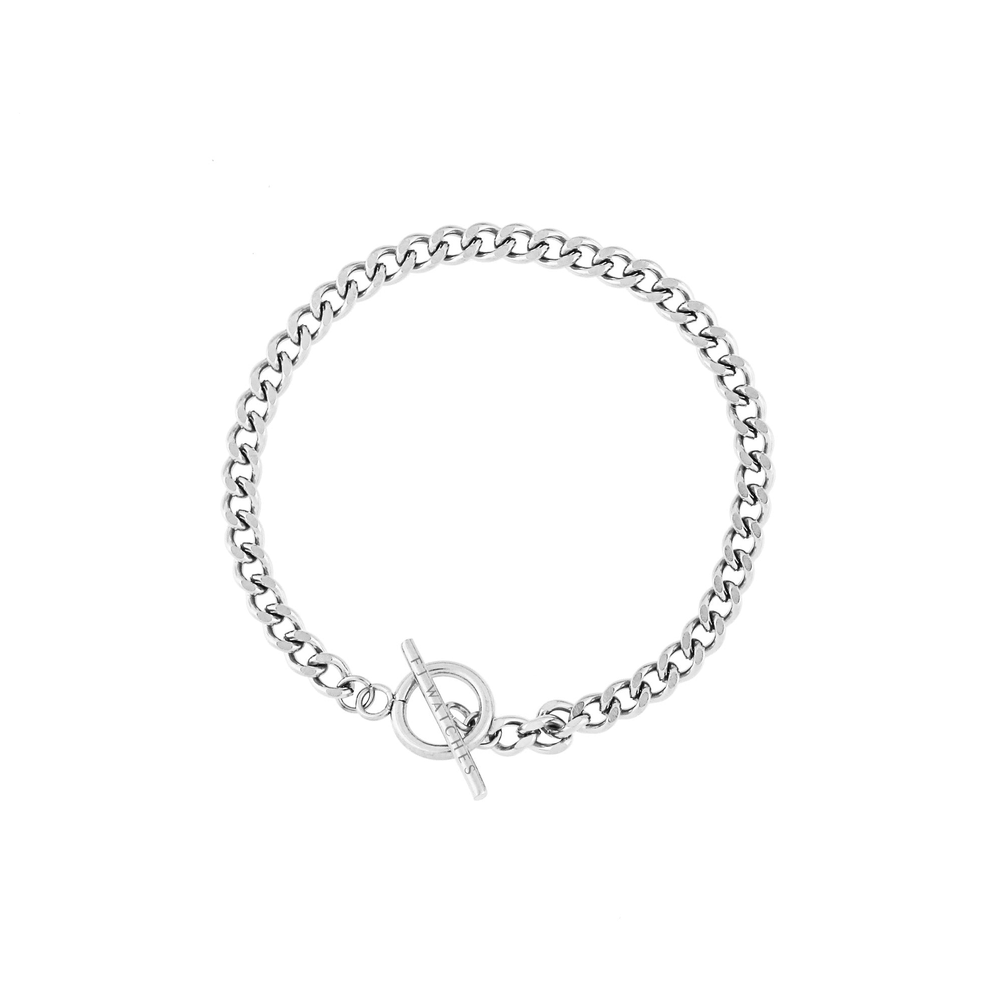 Jucar bracelet from Five Jwlry, designed in Montreal, Canada. Features a Cuban chain link in silver-colored, ultra-resistant 316L stainless steel with a distinctive circular toggle clasp closure.