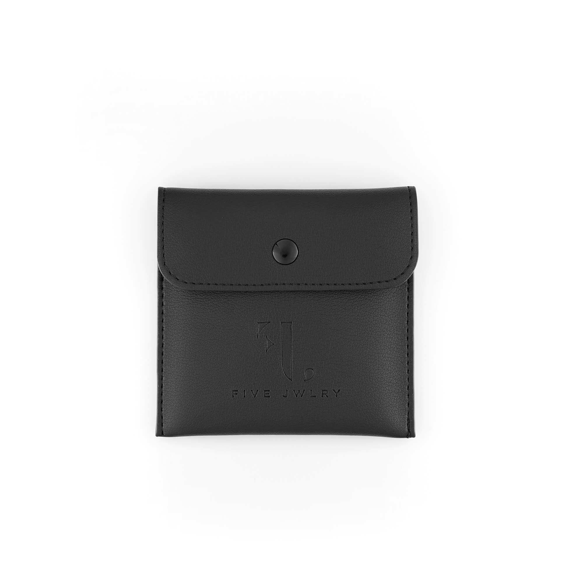 Black square leather pouch from Five Jwlry, designed specifically for storing jewelry.