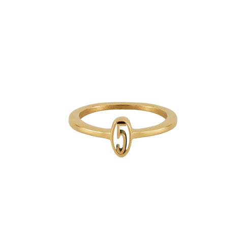 LUCKY5 women's ring by Five Jwlry. A ring that stands out for its simplicity and unique design, featuring the number 5 incorporated into the band. Available in 14k gold or silver, crafted from water-resistant 316L stainless steel. Hypoallergenic with a 2-year warranty.