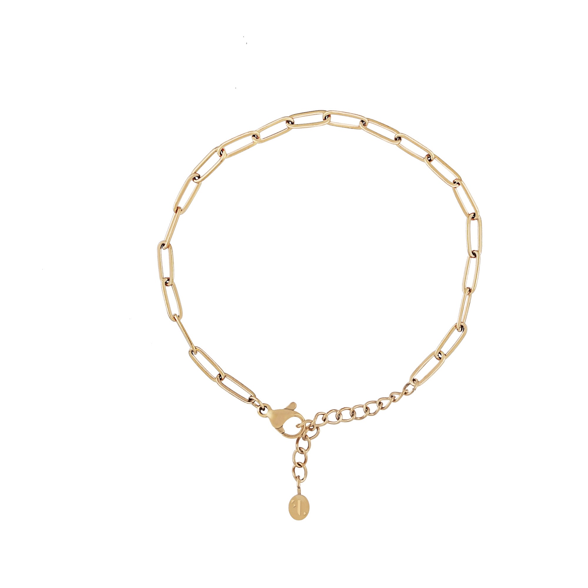 Maritsa bracelet by Five Jwlry for women, featuring an adjustable gold paperclip link chain ranging from 16cm to 20cm with its extension.
