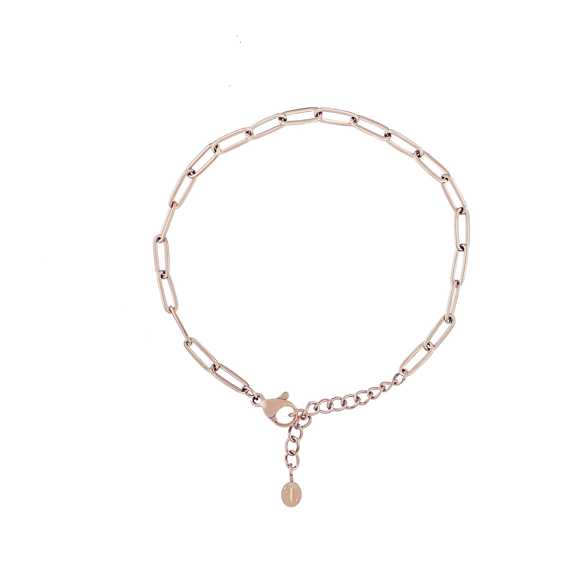 Maritsa bracelet by Five Jwlry for women, featuring an adjustable rose gold paperclip link chain ranging from 16cm to 20cm with its extension.