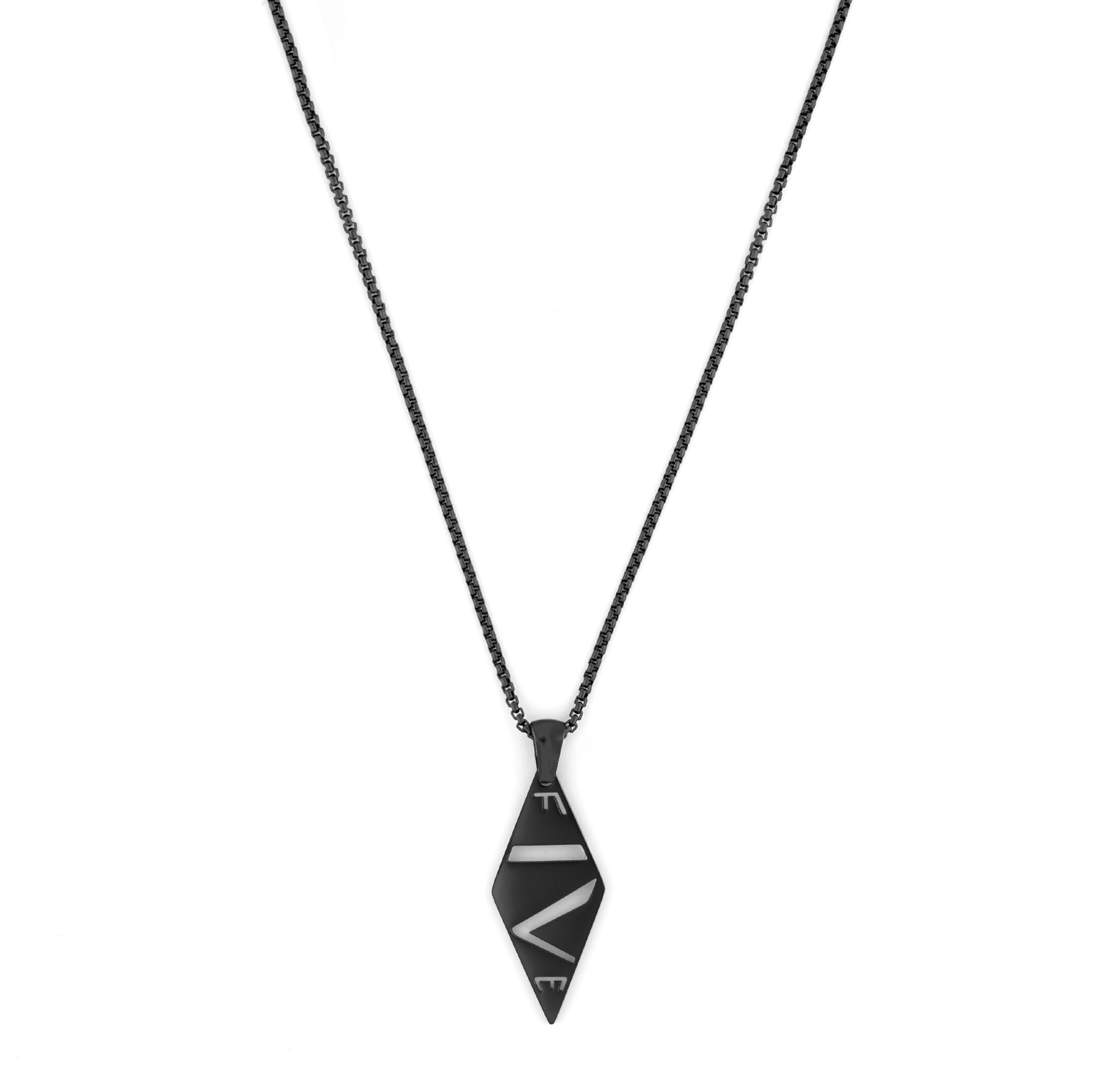 Nako men's necklace by Five Jwlry in black, featuring a 1.5mm round box chain paired with the brand's lozenge-shaped signature Five pendant. Available in sizes 50cm or 55cm. Crafted from water-resistant 316L stainless steel. Hypoallergenic with a 2-year warranty.