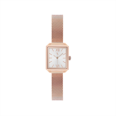 Rosedale watch by Five Jwlry, featuring a small square silver shiny dial set in a rose gold case with matching handle and mesh band. Designed in Montreal, it boasts quartz movement, 5ATM water resistance, a 2-year warranty, and an interchangeable bracelet with the easy release function.