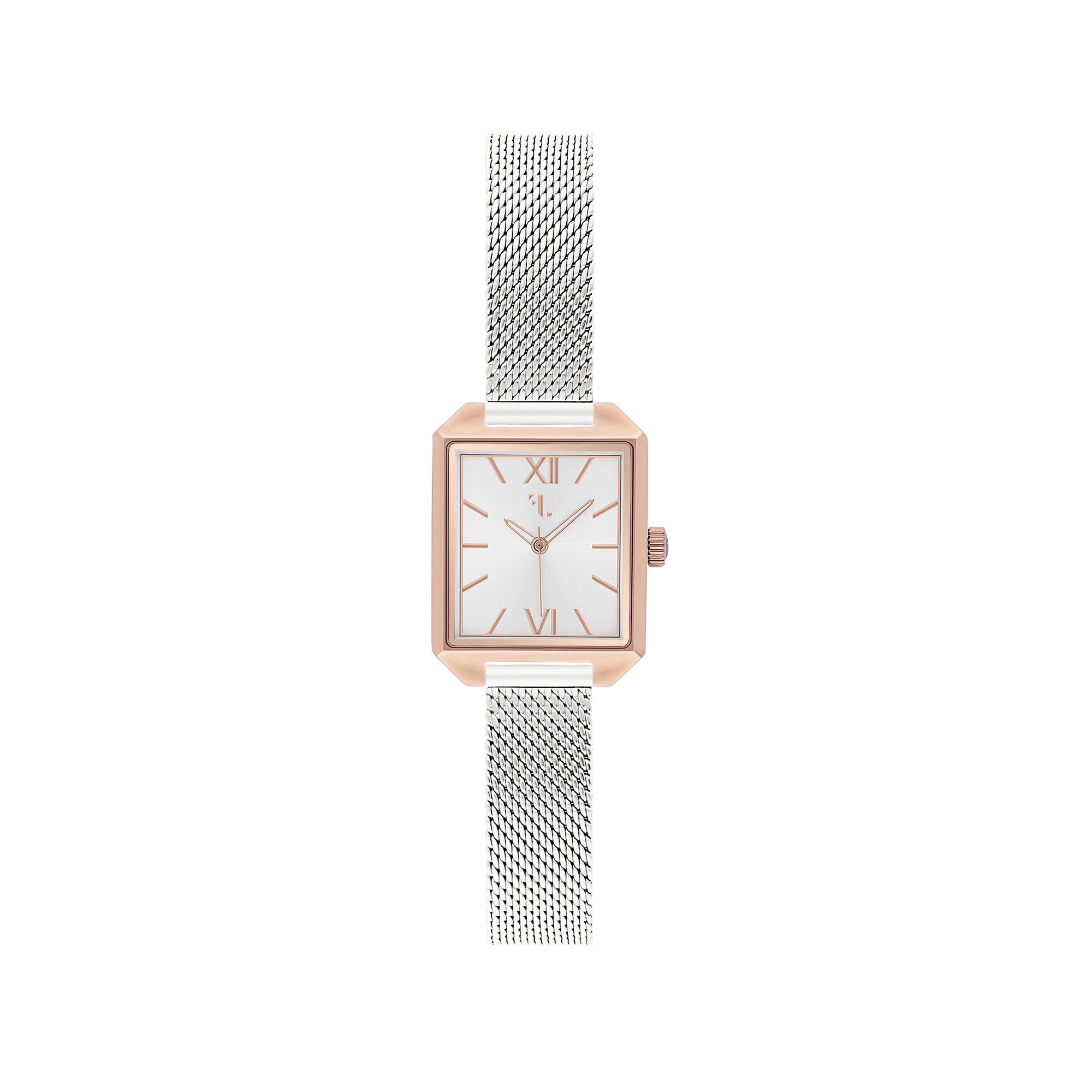 Rosedale watch by Five Jwlry, featuring a small square silver shiny dial set in a rose gold case with matching handle and mesh band. Designed in Montreal, it boasts quartz movement, 5ATM water resistance, a 2-year warranty, and an interchangeable bracelet with the easy release function.