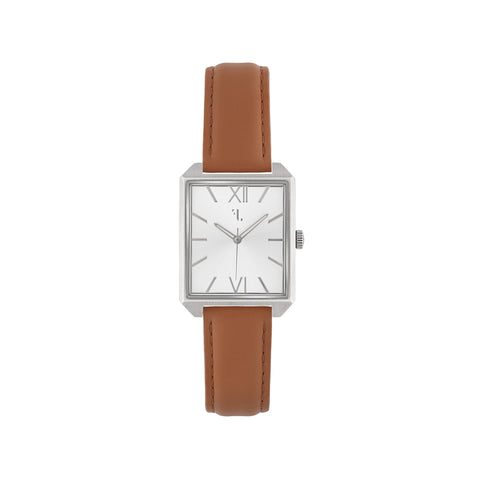 Discover SOHO, a unique and modern men's watch from Five Jwlry designed in Montreal. This square-shaped watch with a sleek dial is accompanied by a tan leather strap. It is equipped with a brushed steel case and hands with a silver dial. It is designed with the greatest care with a quartz mechanism and it has a water resistance of 5ATM.