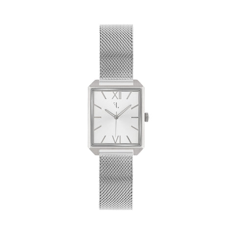 SOHO watch with mesh band from Five Jwlry. It is made of a square brushed steel case and a shiny silver dial. It is the ideal watch for a man, with its three hands, its quartz mechanism, its water resistance and its 2 year warranty.