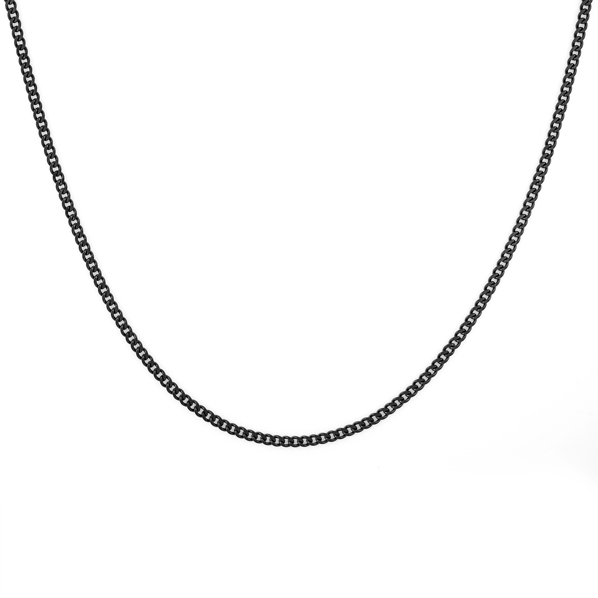 St-Laurent men's necklace by Five Jwlry, featuring a thin 3mm flat Cuban chain in black stainless steel. Hypoallergenic, waterproof, and backed by a 2-year warranty.